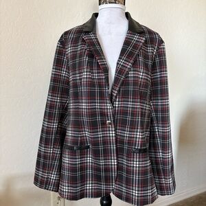 Cato Womens Black Red Tartan Plaid Faux Leather Accent Blazer Jacket. 18/20W